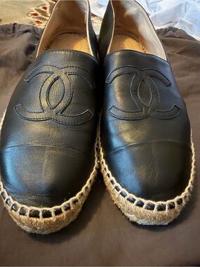 CHANEL Black Leather Espadrille Loafers with Jute Sole